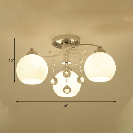 Traditional White Glass Ceiling Lamp With Crystal Draping - 3/5 Head Flush Mount
