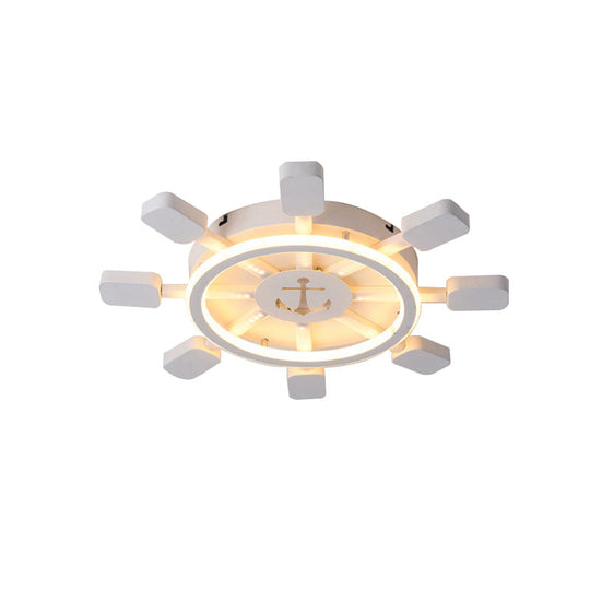 Nautical White Flush Ceiling Lamp For Child’s Bedroom: Rudder Anchor Design