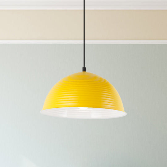 Industrial Grey/Yellow Hanging Lamp With Ribbed Dome Shade - 1 Light 12’/16’ Wide Metal Indoor