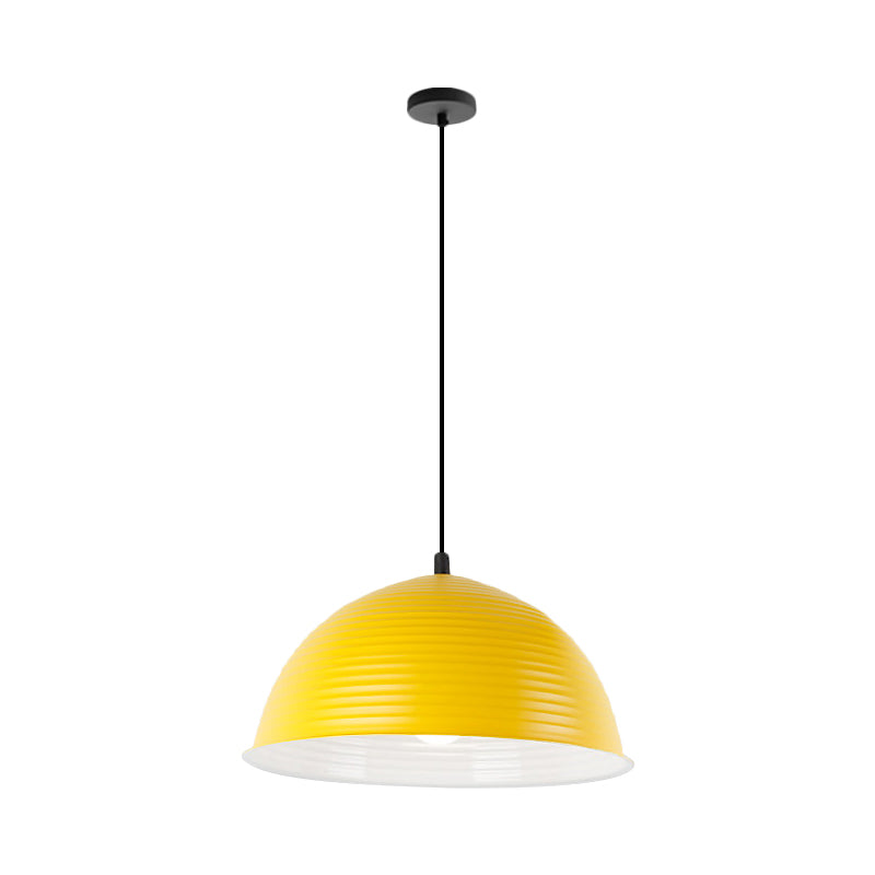 Industrial Grey/Yellow Hanging Lamp With Ribbed Dome Shade - 1 Light 12’/16’ Wide Metal Indoor