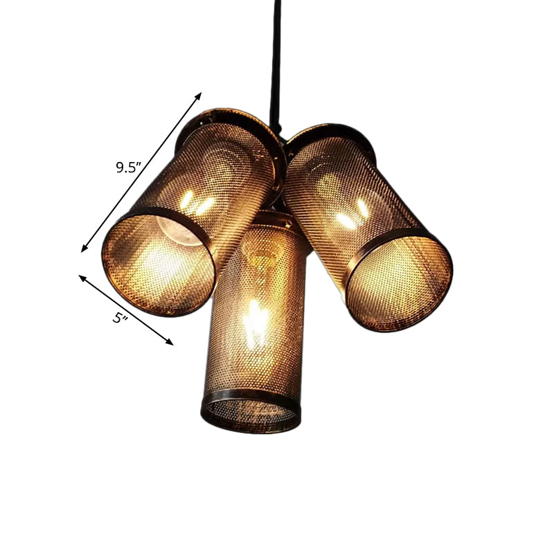 Vintage Style Iron Cylinder 3-Light Black Hanging Restaurant Lamp With Mesh Cage Shade