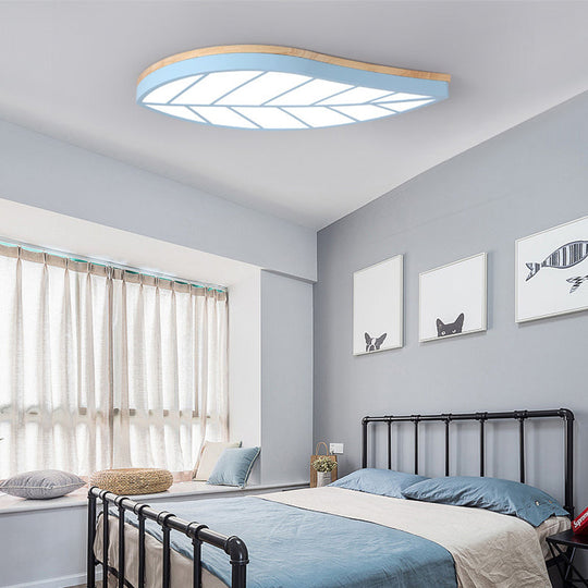 Blue Leaf Led Ceiling Lamp For Childs Bedroom - Cartoon Acrylic Flush Mount Light / 25.5 White