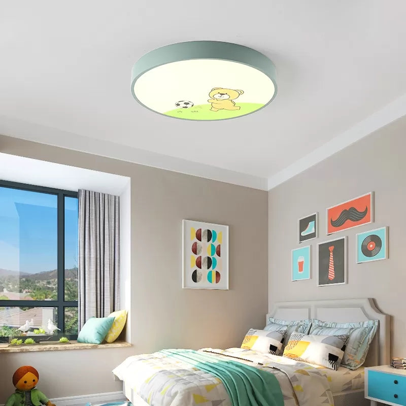 Green Acrylic Circular Ceiling Light With Playful Bear Macaron Lamp For Boys Bedroom