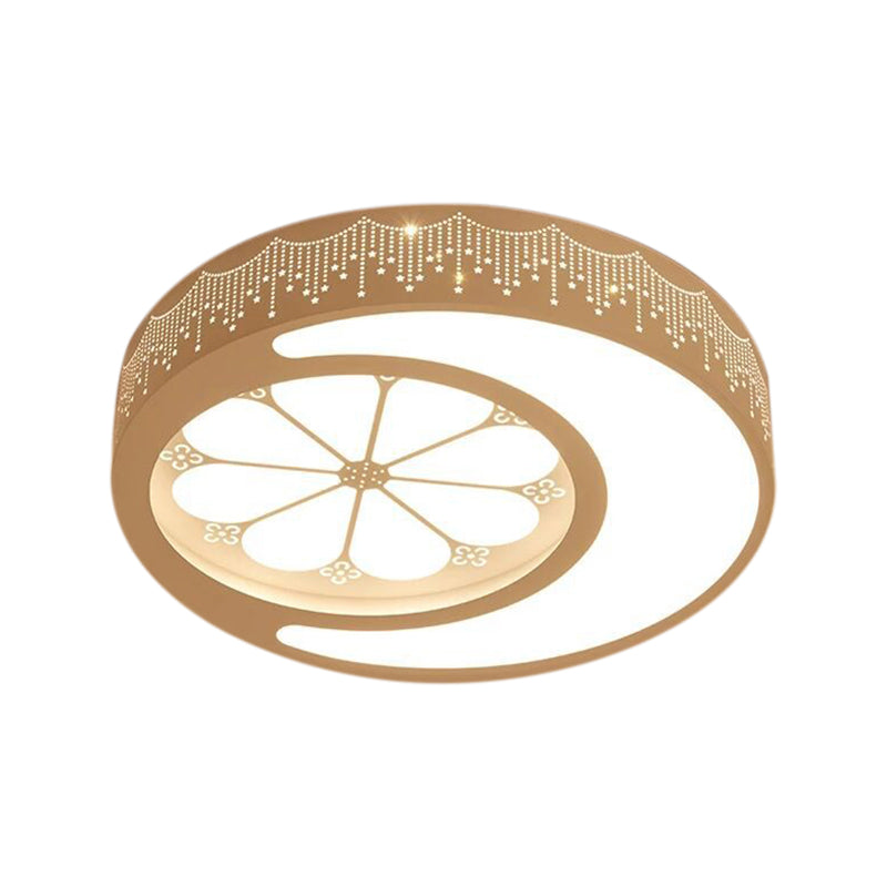 Children’s Metallic Ceiling Lamp: Circular Led Flush Mount Light With Crescent And Flower Design