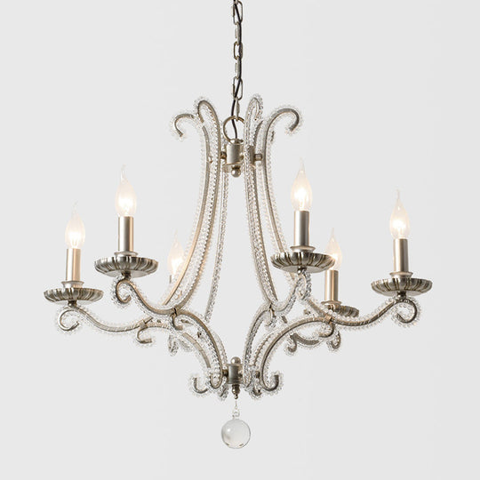 Crystal Bead Coated Chandelier - 6 Lights Countryside Silver Candle Style Ideal For Living Room