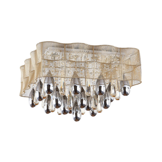 Sleek 15 - Head Crystal Drip Flush Mount Ceiling Light With Beige Sheer Shade