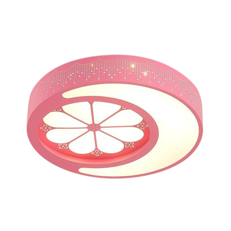 Children’s Metallic Ceiling Lamp: Circular Led Flush Mount Light With Crescent And Flower Design