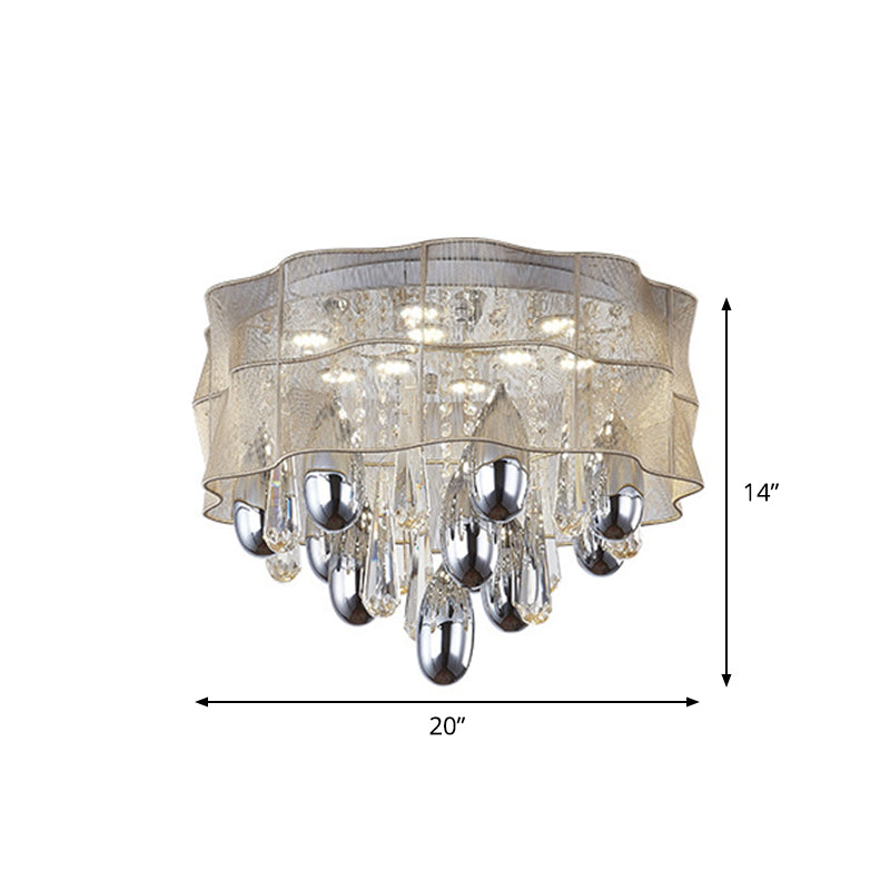 Led Flush Mount Beige Sheer Ceiling Lamp With Crystal Droplet - 20’/25.5’ Wide