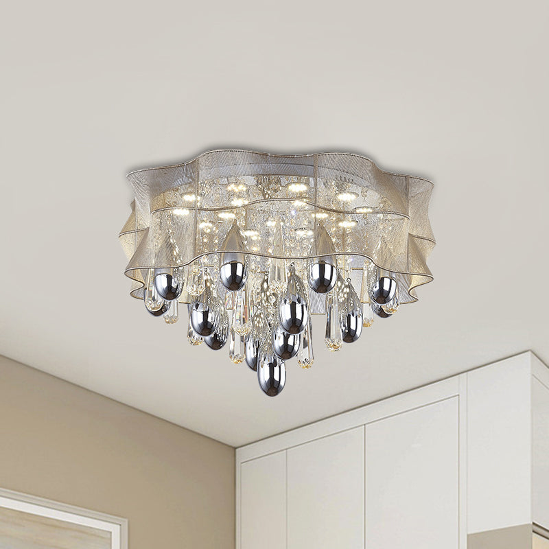 Led Flush Mount Beige Sheer Ceiling Lamp With Crystal Droplet - 20/25.5 Wide / 25.5