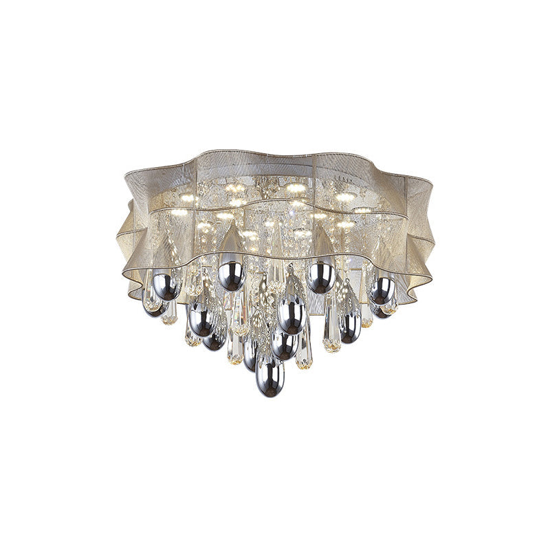 Led Flush Mount Beige Sheer Ceiling Lamp With Crystal Droplet - 20/25.5 Wide