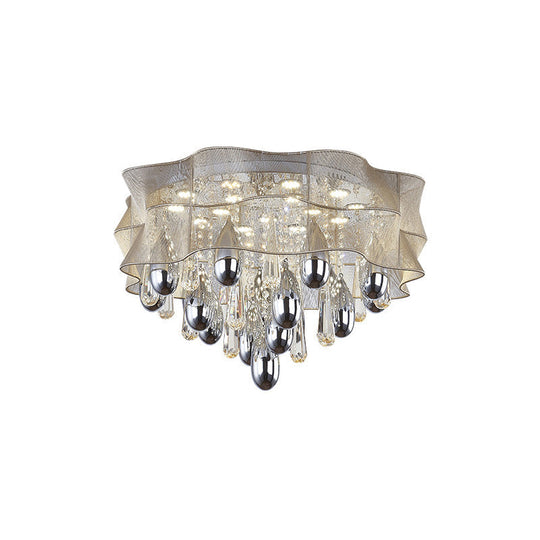 Led Flush Mount Beige Sheer Ceiling Lamp With Crystal Droplet - 20/25.5 Wide