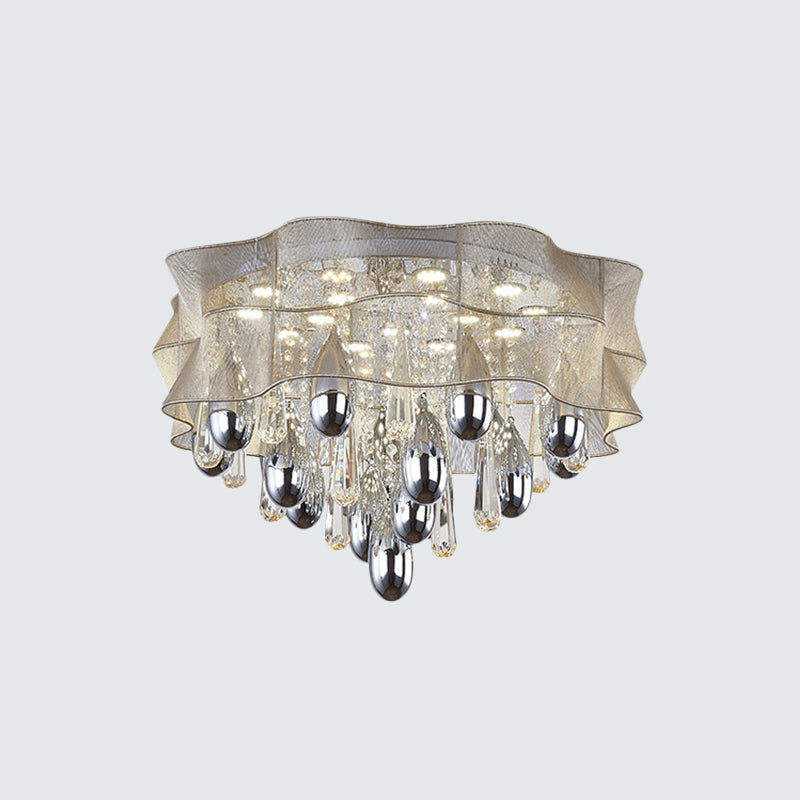 Led Flush Mount Beige Sheer Ceiling Lamp With Crystal Droplet - 20’/25.5’ Wide