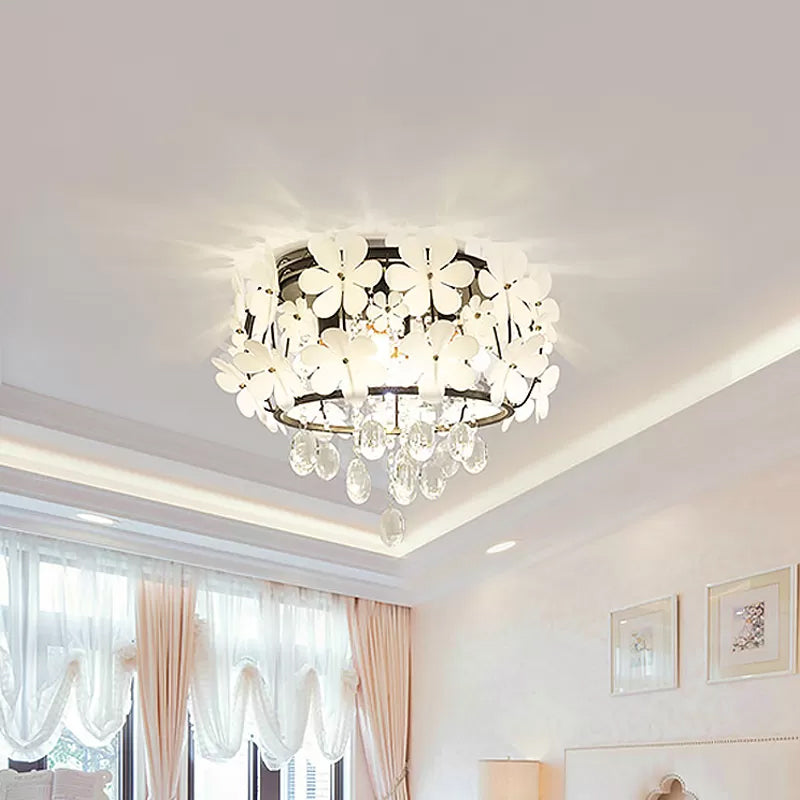 Black Drum Flush Mount Light With Nordic K9 Crystal Ball And Petal Decoration - Bedroom Ceiling Lamp