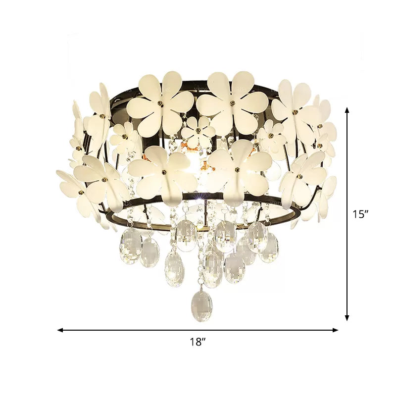 Black Drum Flush Mount Light With Nordic K9 Crystal Ball And Petal Decoration - Bedroom Ceiling