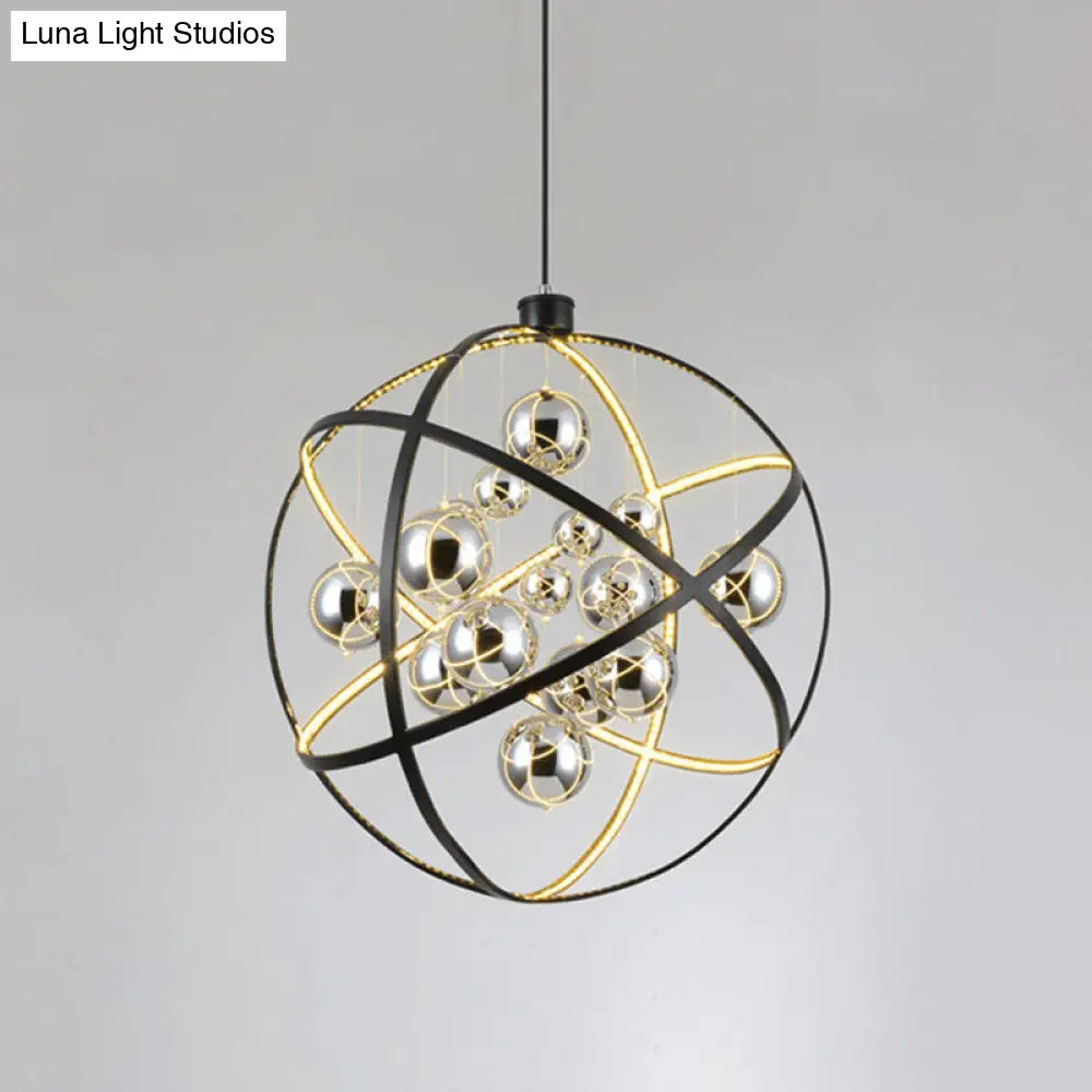 19.5/31.5 W Black Led Pendant Chandelier With Globe Iron Frame: Industrial Ceiling Hang Light In