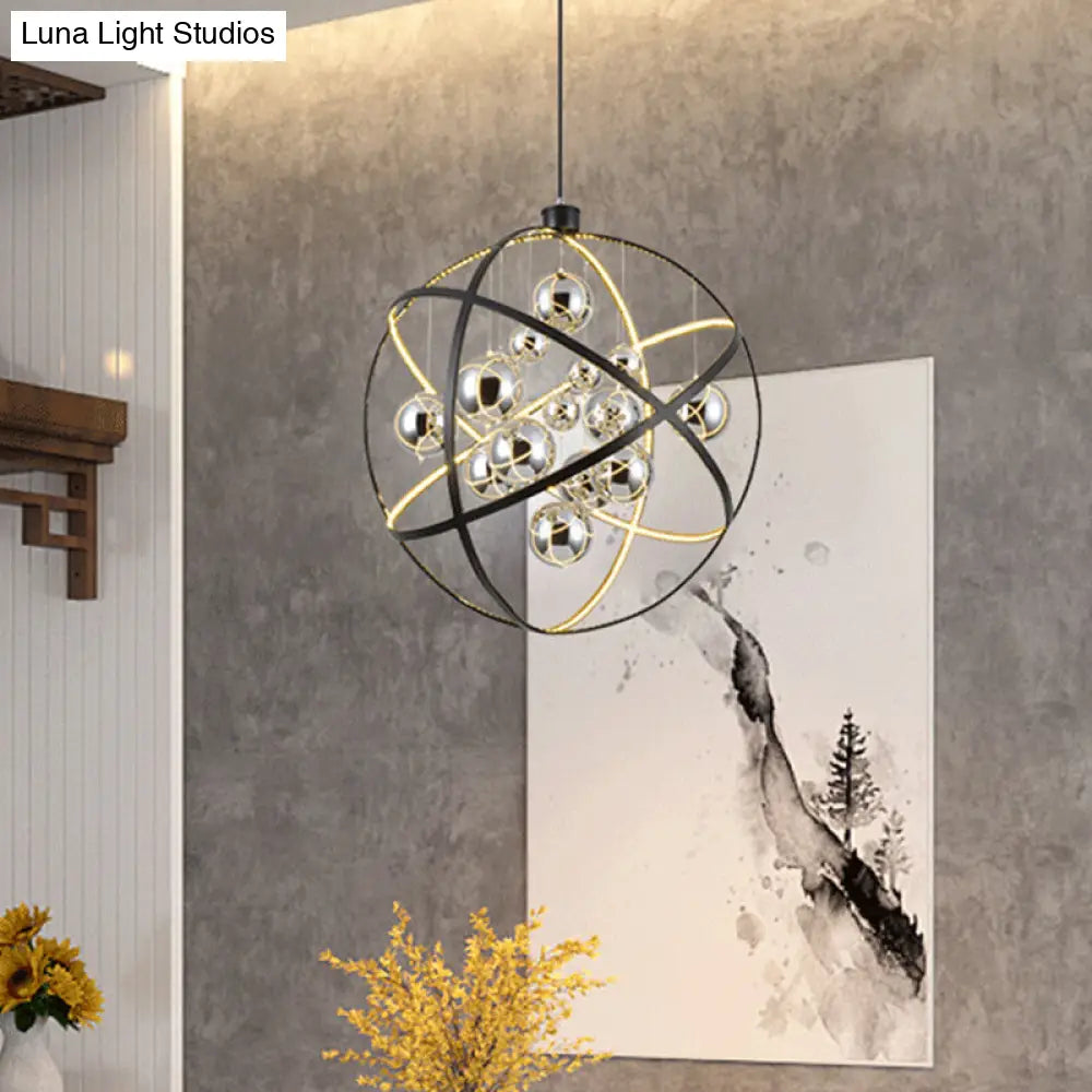 19.5’/31.5’ Black Led Pendant Chandelier - Industrial Iron Globe Ceiling Light With Chrome