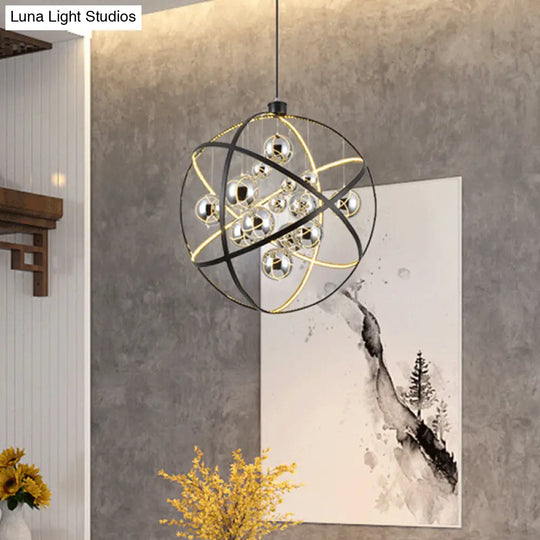 19.5’/31.5’ Black Led Pendant Chandelier - Industrial Iron Globe Ceiling Light With Chrome