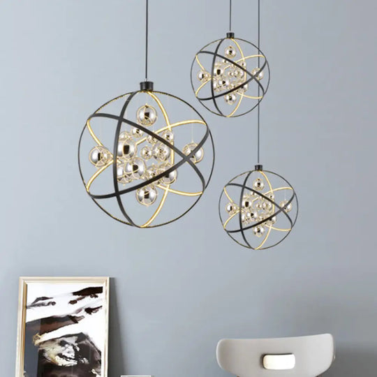 19.5’/31.5’ Black Led Pendant Chandelier - Industrial Iron Globe Ceiling Light With Chrome