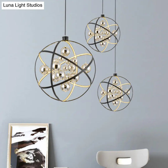 19.5/31.5 W Black Led Pendant Chandelier With Globe Iron Frame: Industrial Ceiling Hang Light In