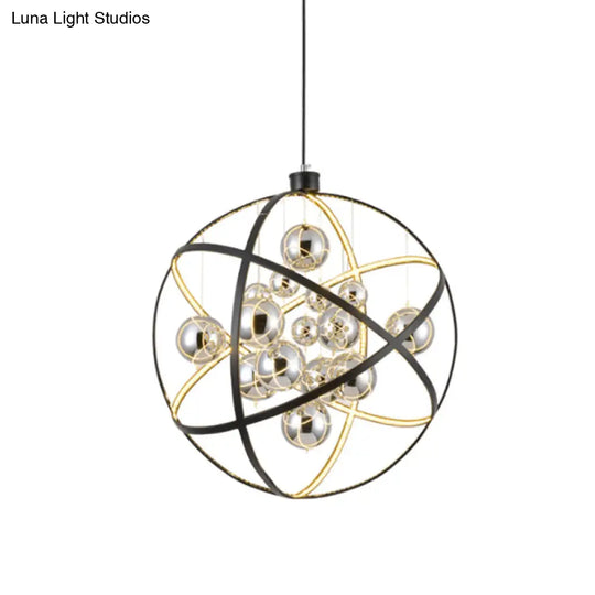 19.5’/31.5’ Black Led Pendant Chandelier - Industrial Iron Globe Ceiling Light With Chrome