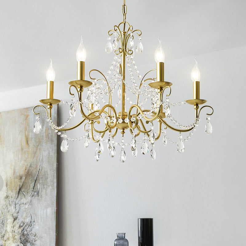 Traditional Candle Hanging Lamp Metal Chandelier (3/6 Heads) In Champagne With Crystal Decor