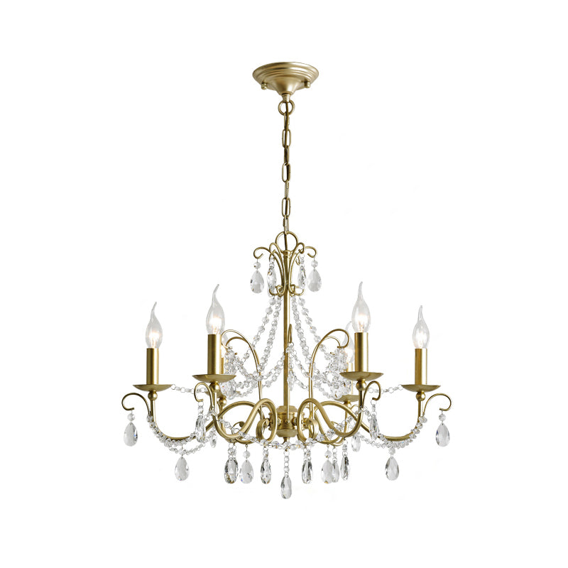 Traditional Candle Hanging Lamp - Metal Chandelier With Crystal Decor In Champagne (3/6 Heads)