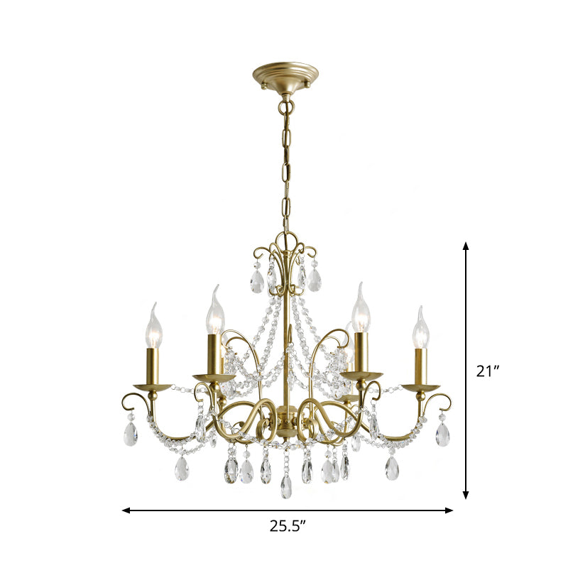 Traditional Candle Hanging Lamp - Metal Chandelier With Crystal Decor In Champagne (3/6 Heads)