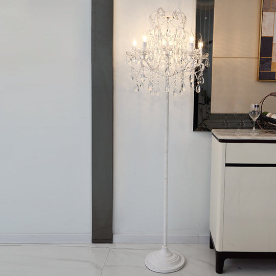 Contemporary White Crystal 4-Head Floor Lamp With Candlestick Shade For Living Room Lighting
