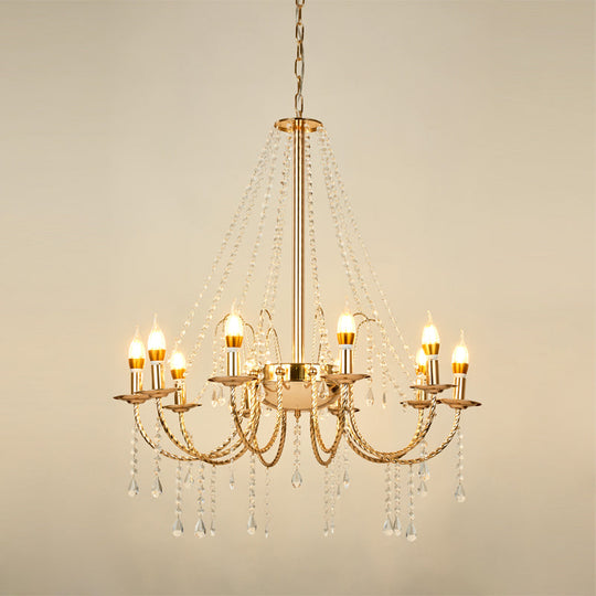 8-Light Retro Crystal Chain Hanging Chandelier With Gold Swoop Arm