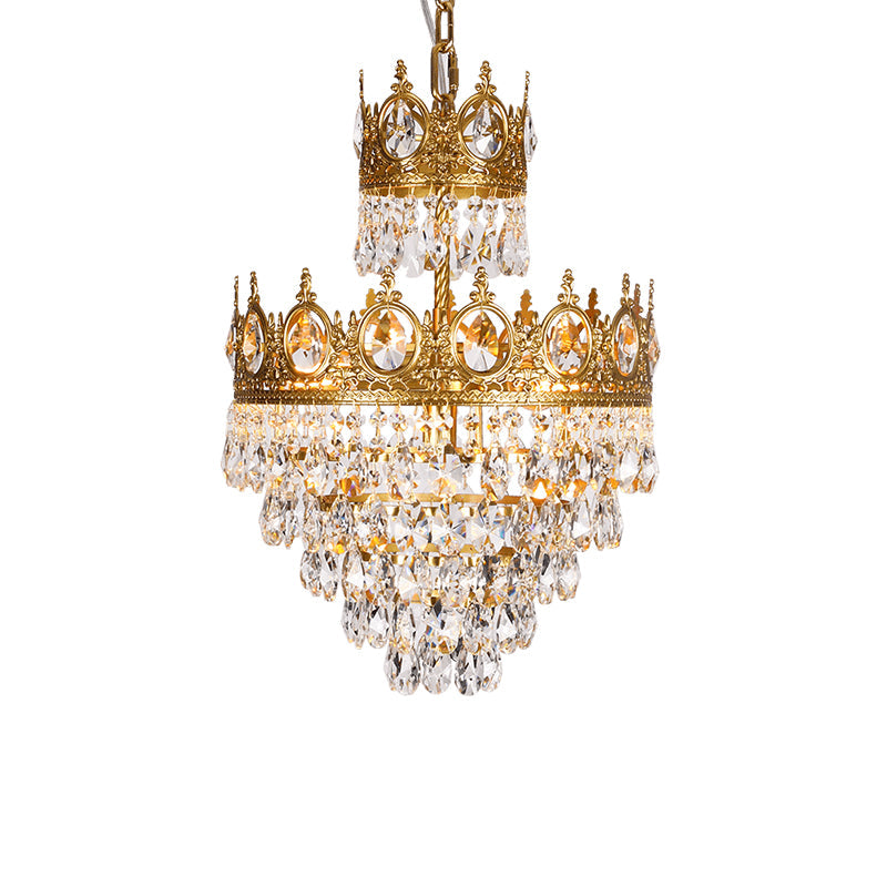 Tiered Tapered Chandelier With Clear Teardrop Crystals - Traditional Style Gold Crown Top