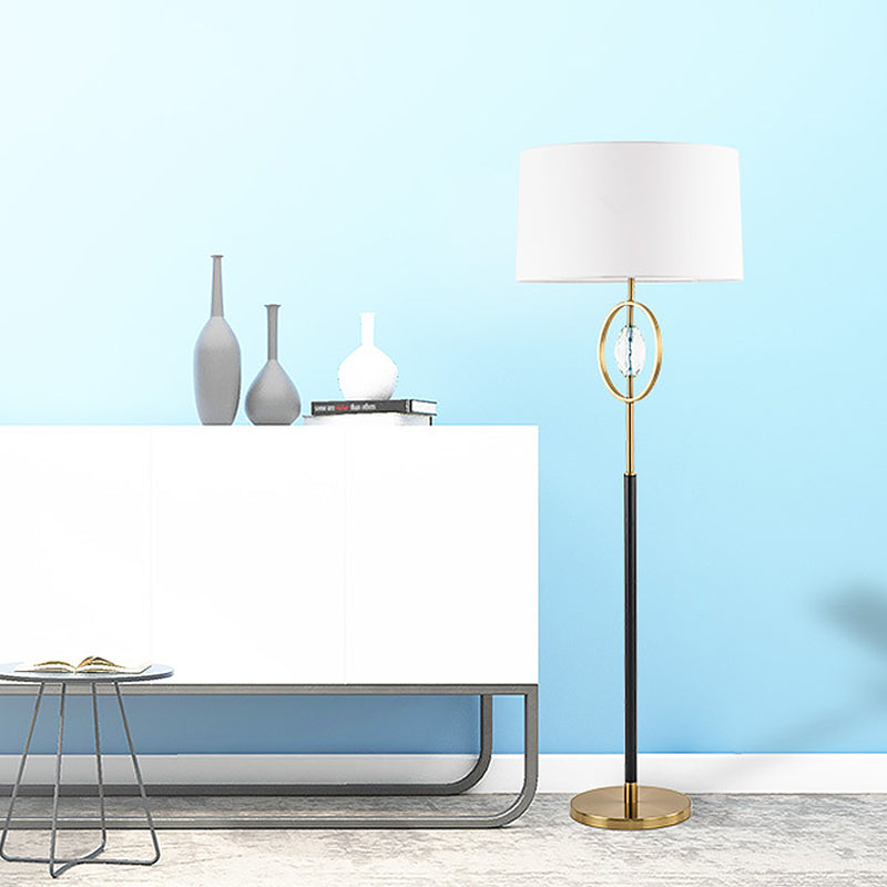 Classic Metal Floor Lamp With Ring Frame Shade Barrel Fabric And Crystal Accent