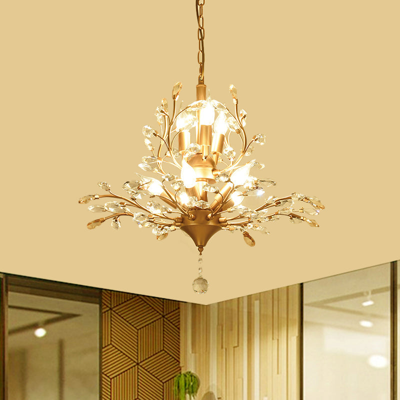 Gold Tree Crystal Pendant Light - Rural 8-Bulb Suspension Chandelier 19.5’/21.5’ High Dining