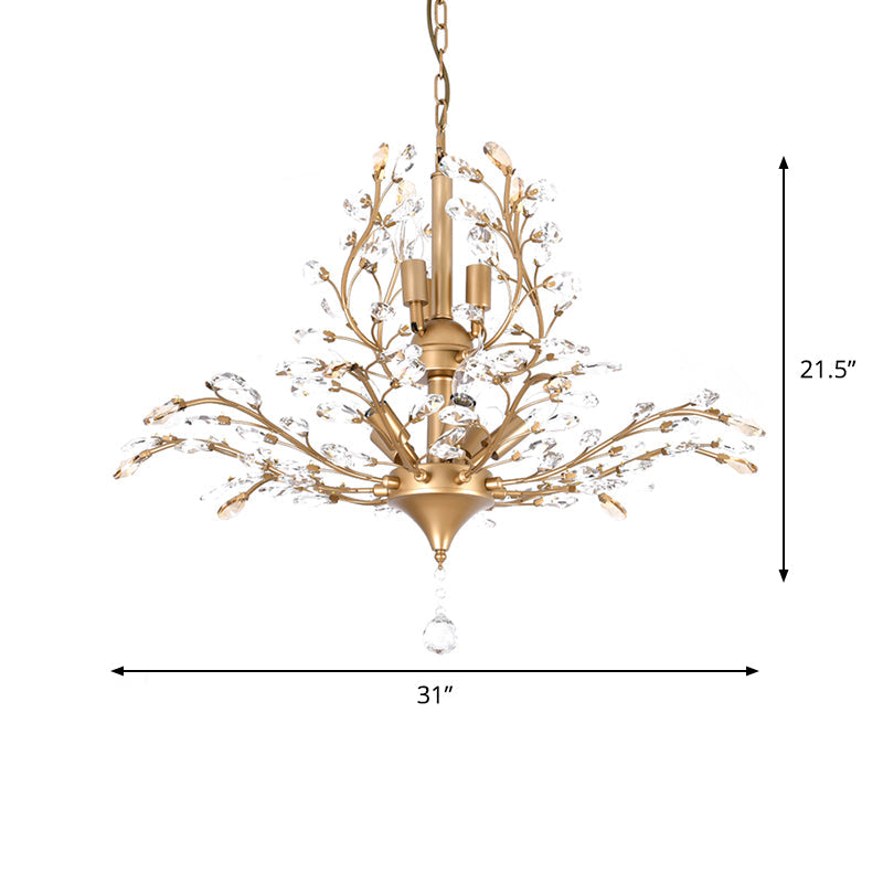 Gold Tree Crystal Pendant Light - Rural 8-Bulb Suspension Chandelier 19.5’/21.5’ High Dining