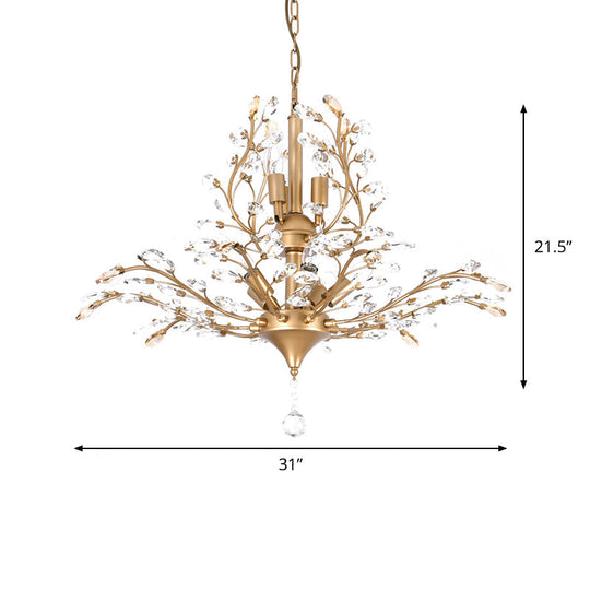 Gold Tree Crystal Pendant Light - Rural 8-Bulb Suspension Chandelier 19.5’/21.5’ High Dining