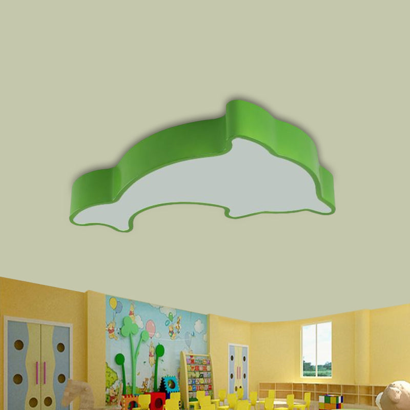 Dolphin Led Ceiling Light For Childrens Bedroom - White/Red/Yellow Acrylic Flush Mount Fixture Green