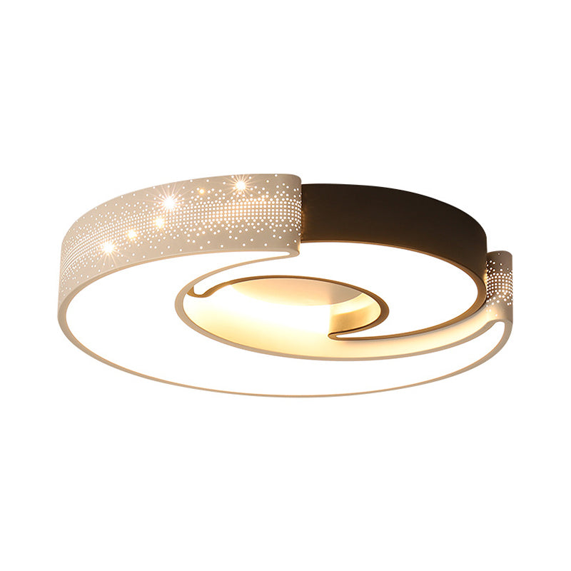 Contemporary 2-Moon Led Flush Ceiling Light For Kids Bedroom - Metal Acrylic Black & White