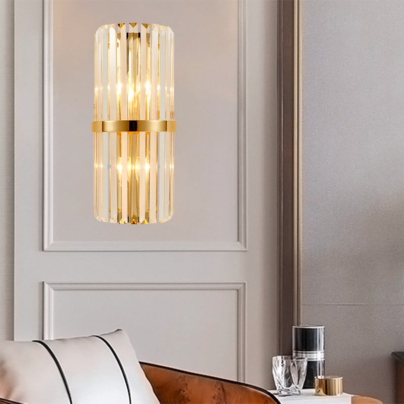 Modernist Clear Crystal Cylinder Wall Lighting Fixture - 2 Lights Golden Sconce Lamp (18/21.5