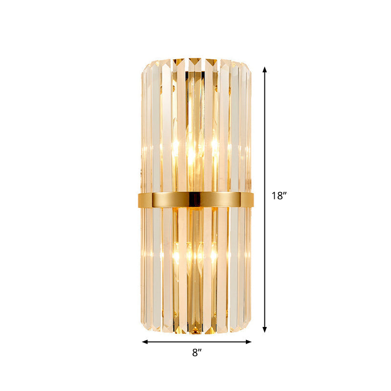 Modernist Clear Crystal Cylinder Wall Lighting Fixture - 2 Lights Golden Sconce Lamp (18/21.5