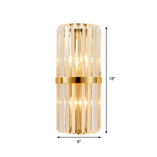 Modernist Clear Crystal Cylinder Wall Lighting Fixture - 2 Lights Golden Sconce Lamp (18/21.5