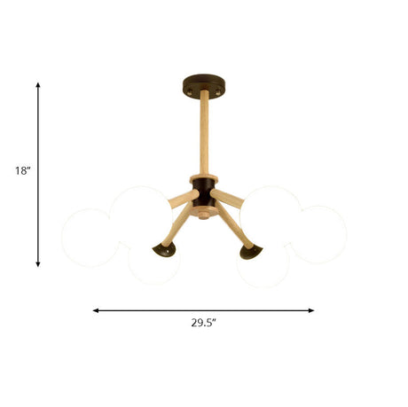 Modern White Glass Grape Ceiling Chandelier With Wood Branch - 6 Lights Suspended Light