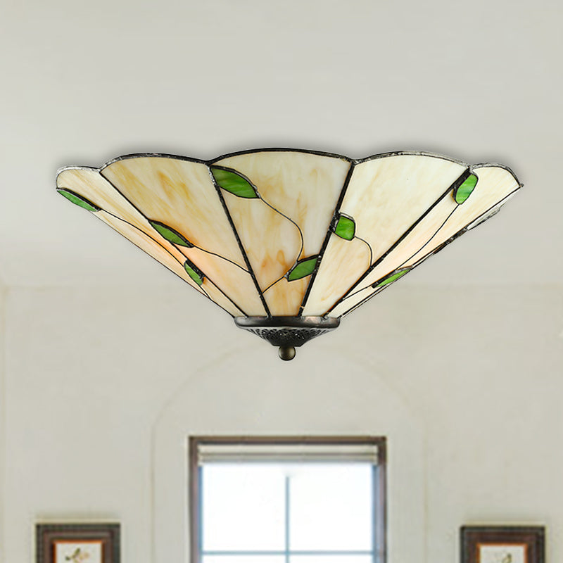 Tiffany Stained Glass Ceiling Light With Geometric Design And Leaf Theme (3 Lights White/Beige