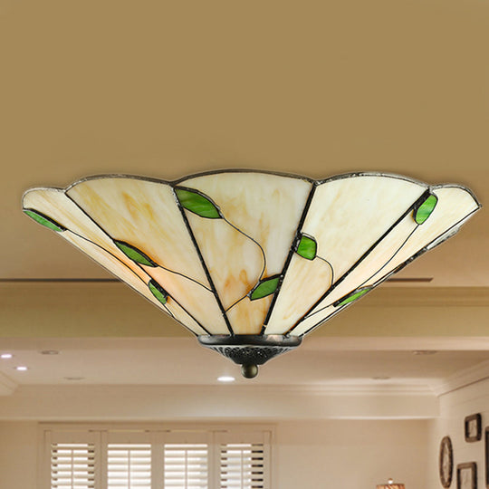 Tiffany Stained Glass Ceiling Light With Geometric Design And Leaf Theme (3 Lights White/Beige