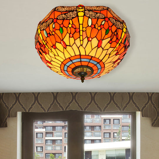 Tiffany Dragonfly Stained Glass Ceiling Lamp - Flush Mount Fixture In Red/Yellow/Orange Perfect For