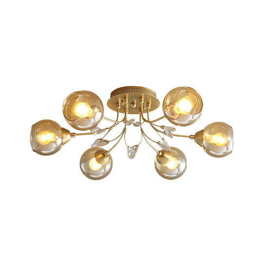 Classic Amber Glass Ball Semi - Flush Light Fixture With Crystal Accent (6/9 - Light) For Living