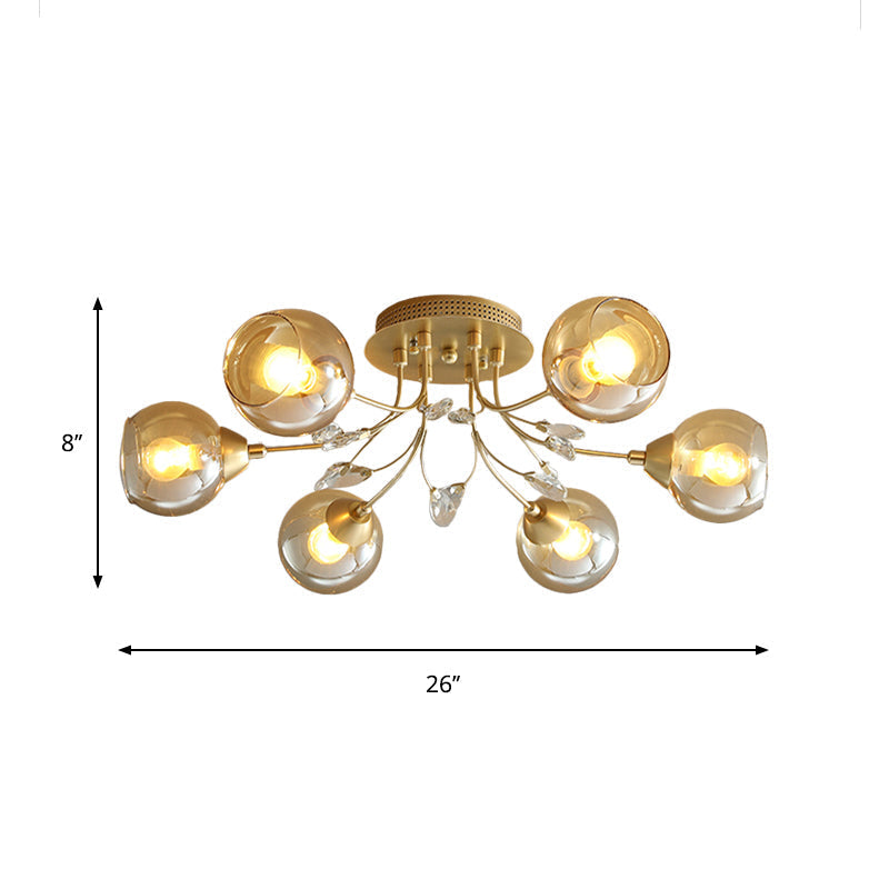 Classic Amber Glass Ball Semi - Flush Light Fixture With Crystal Accent (6/9 - Light) For Living