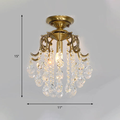 Traditional Curved Semi Flush Mount 1-Light Metal Ceiling Fixture With Clear/Cognac Crystal Droplet