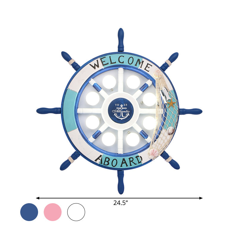 Wooden Ship Rudder Ceiling Lamp - 8 - Bulb Led Semi Flush Mount Light (White/Pink/Blue Options)