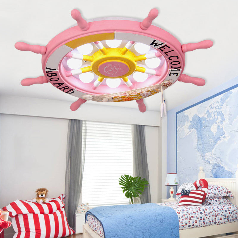 8-Head Kids Bedroom Flush Light: Blue/White/Yellow Led Ceiling Lamp With Rudder Wood Shade White/3