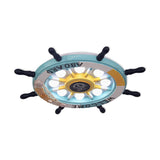 8-Head Kids Bedroom Flush Light: Blue/White/Yellow Led Ceiling Lamp With Rudder Wood Shade White/3