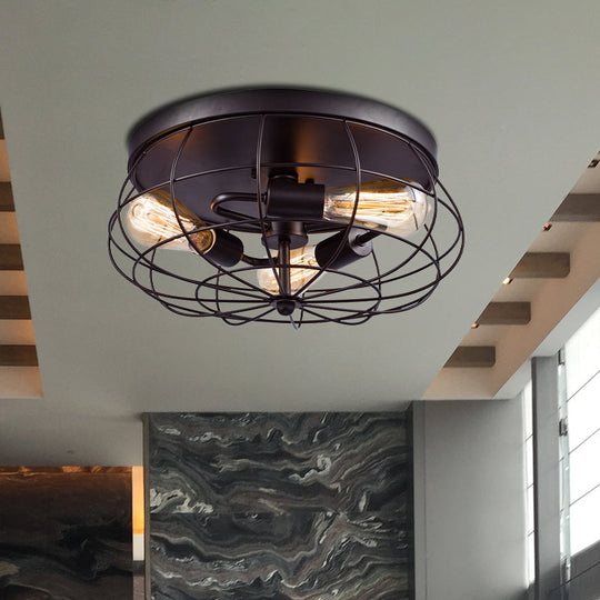 Industrial Black Metal Ceiling Light Fixture - 3-Light Caged Flush Mount For Corridor